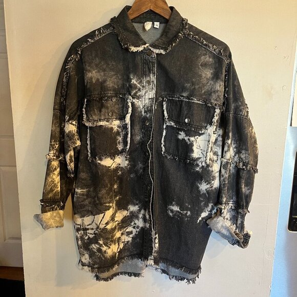 ELAN Women's Dark Gray Vintage Wash Tie Dye Fringe Trim Rock & Roll Shacket - Picture 1 of 4